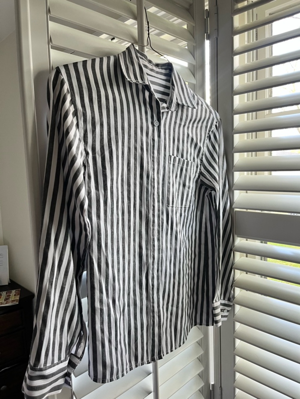 Amazon Women's Black & White Vertical Stripe Button-Down Shirt